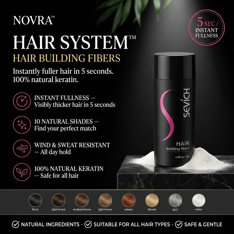 NOVRA Hair Building Fibers - Instantly fuller hair in 5 seconds, 10 natural shades